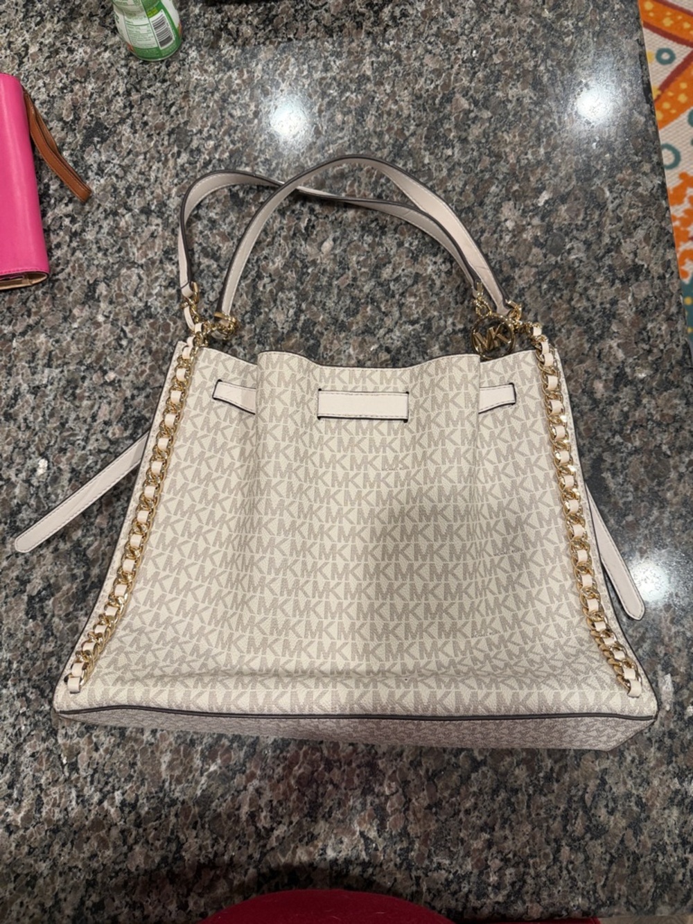 Michael Kors Cream Logo Canvas Shoulder Tote with Gold Chain Trim - Picture 3 of 4